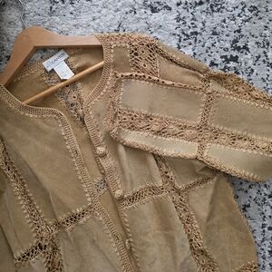 Vintage Suede Crochet GANTOS Jacket Wmns L Mustard Tan Cottage Core Western
